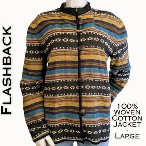 Flashback Vintage Woven Cotton Jacket Large Black Ethnic Boho Aztec Beaded Retro